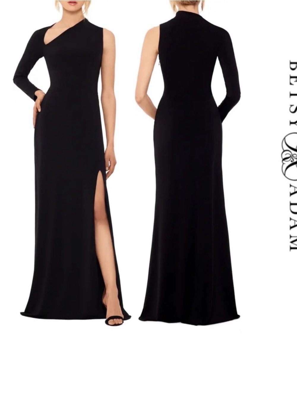 Betsy & Adam - Black Asymmetric Single Long Sleeve Gown